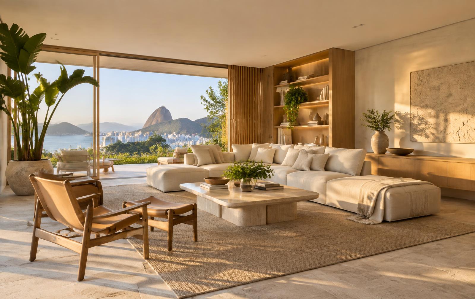 Sala residencial clara com madeira, luz natural e vegetação