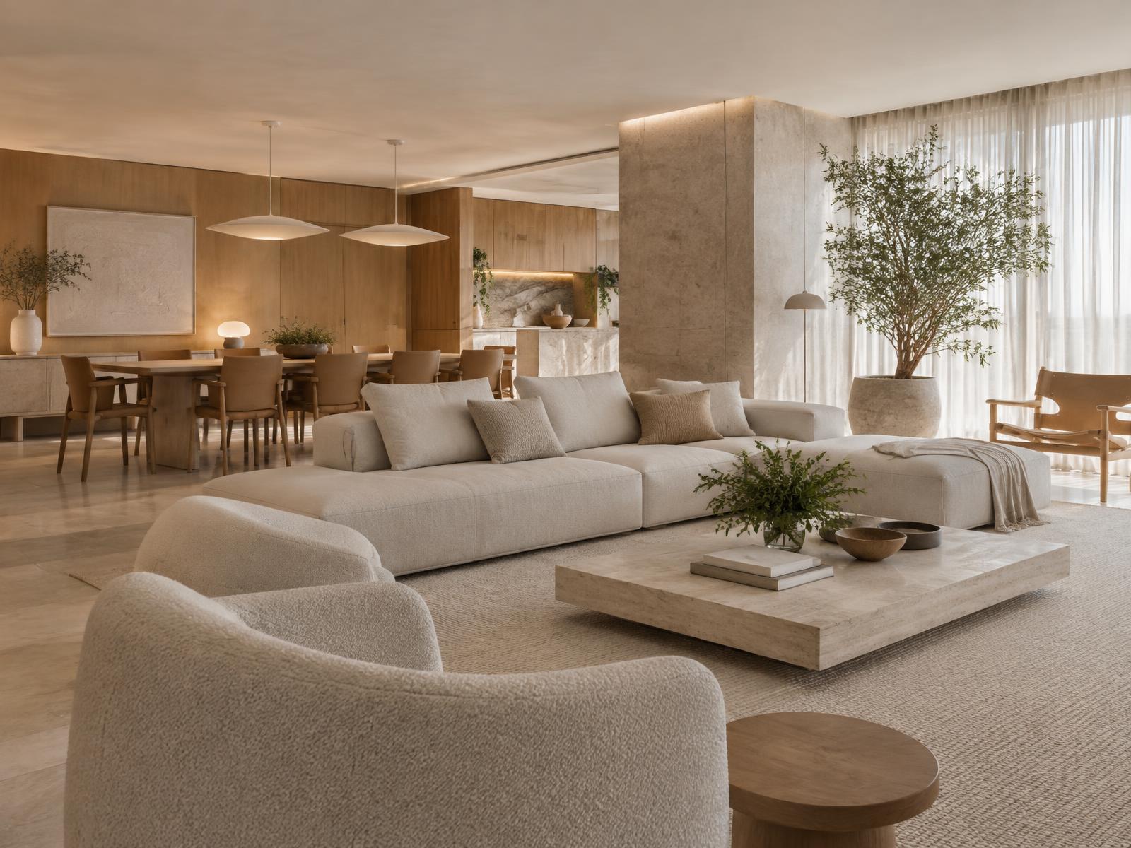 Sala de estar e jantar contemporânea, minimalista e acolhedora
